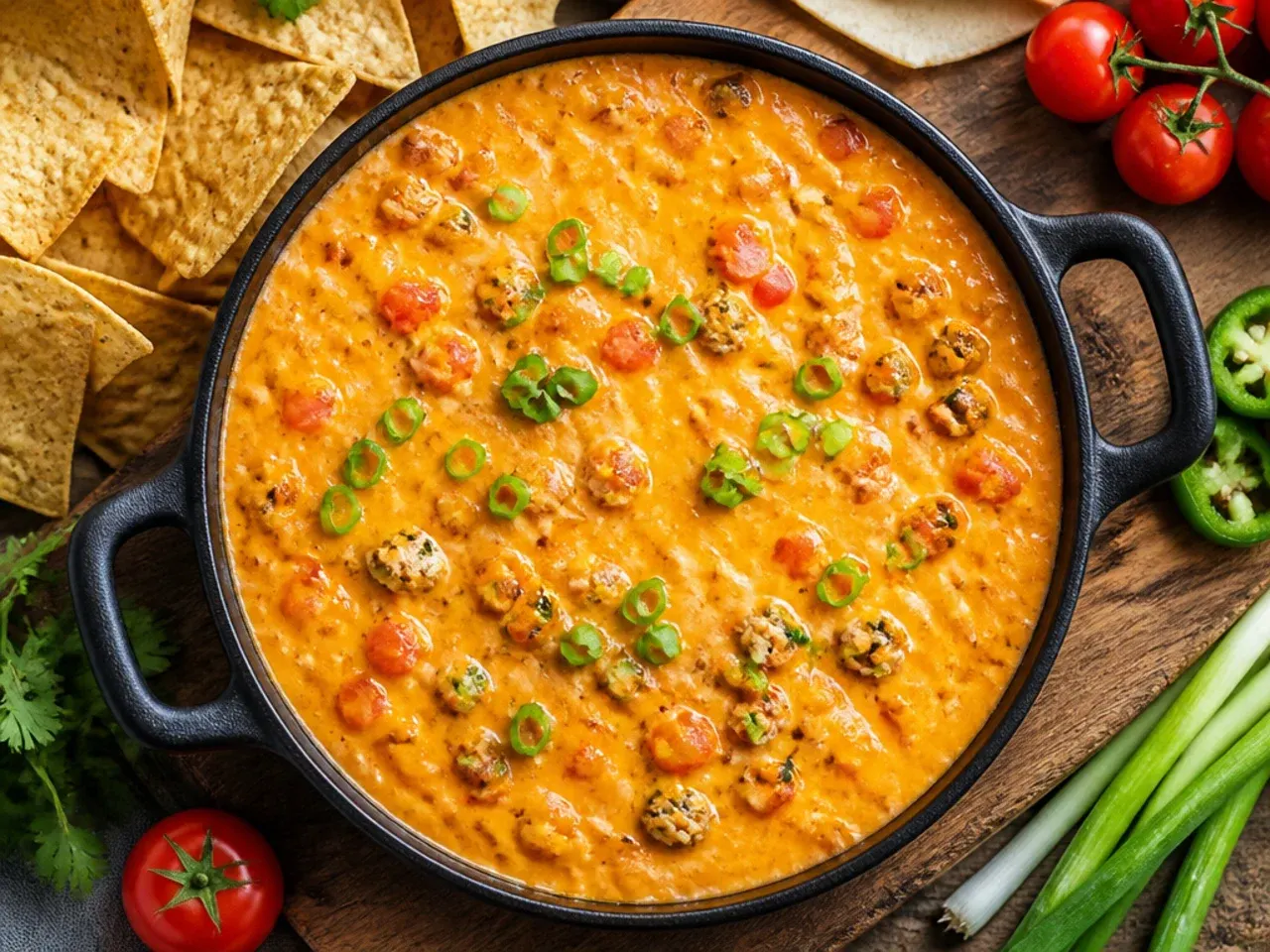 Cubes of Velveeta cheese melting into a saucepan of Rotel tomatoes and green chillies