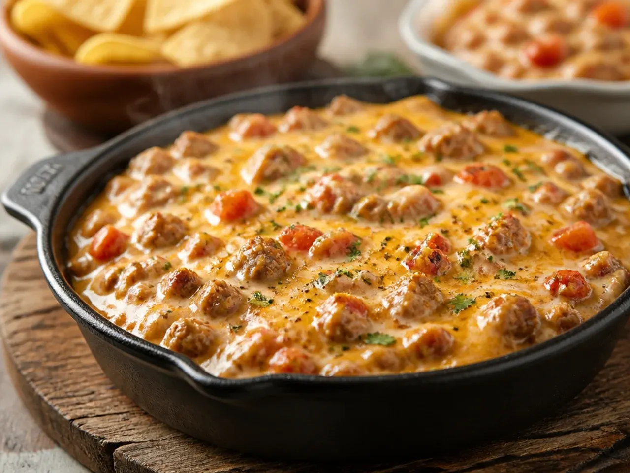 Skillet of browned sausage crumbles being stirred into a creamy rotel dip
