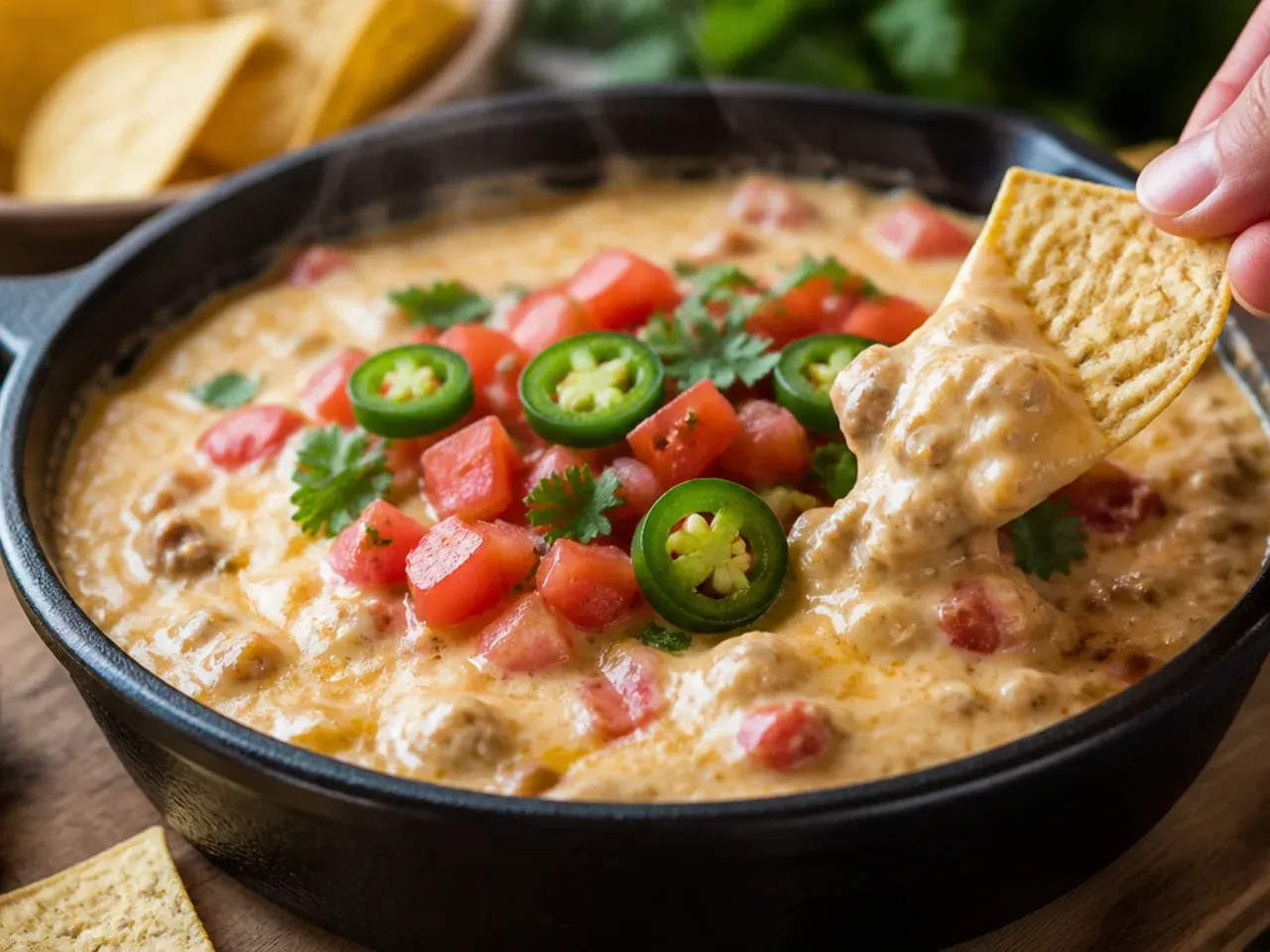 Slow cooker filled with melted rotel dip on the warm setting at a party