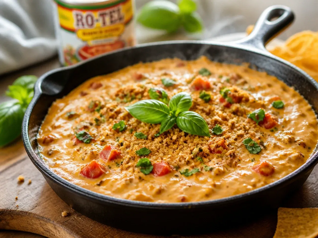 Wooden spoon lifting a thick, creamy scoop of cream cheese rotel dip from the bowl