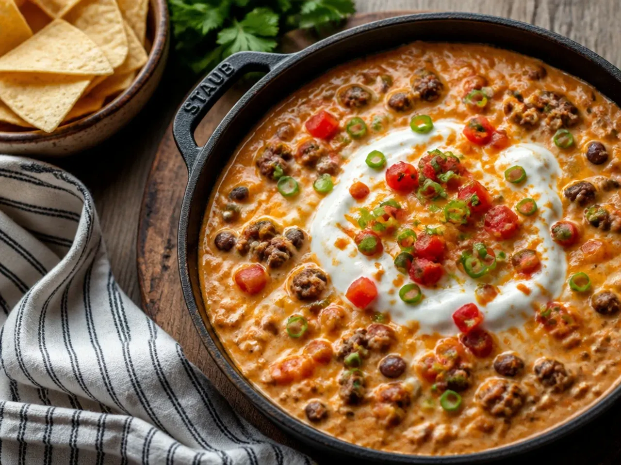 Bowl of loaded rotel dip with visible ground beef and pinto beans, topped with melted cheese