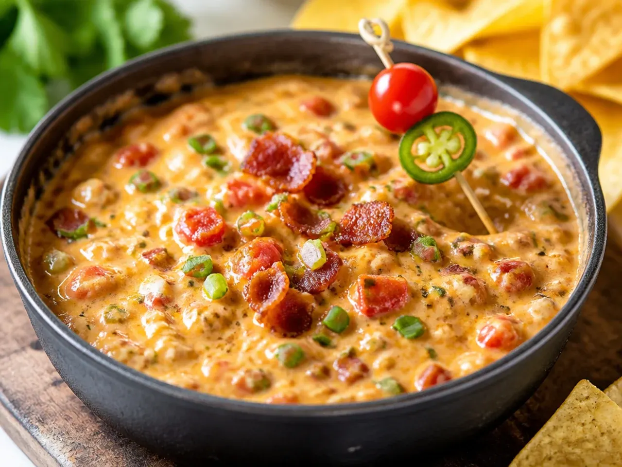 Rotel dip topped generously with crispy crumbled bacon pieces
