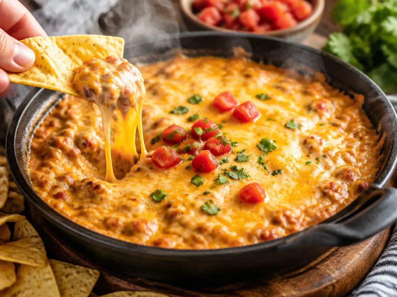 Baking dish of rotel dip fresh from the oven with a golden bubbling cheese top