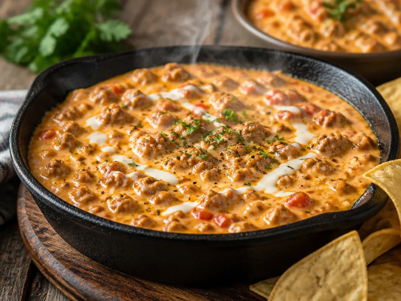 Large batch of double meat rotel dip in a big serving dish surrounded by chips