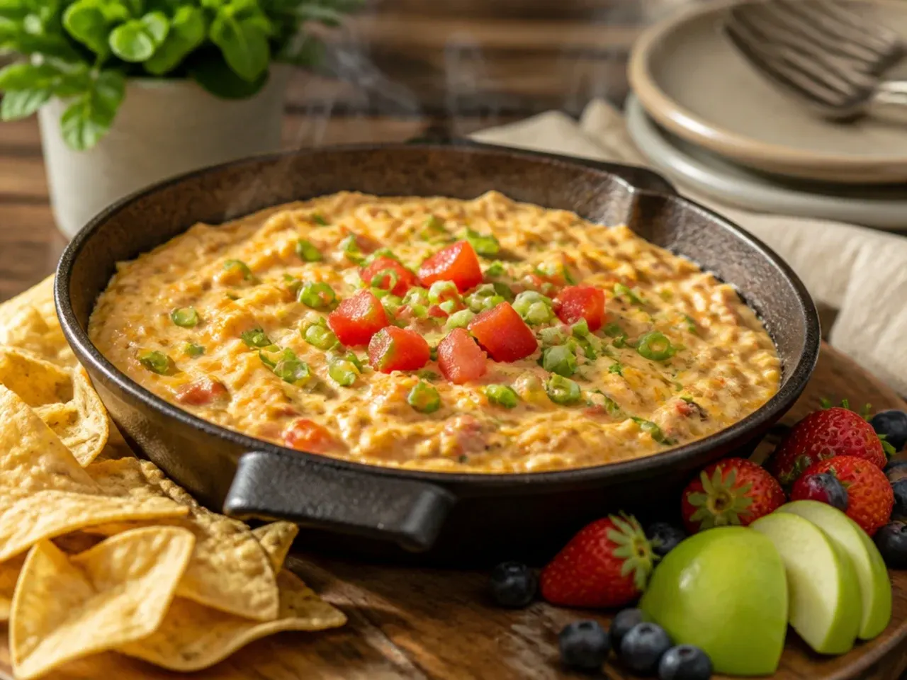 Family-style rotel dip served with mild flour tortilla strips for dipping
