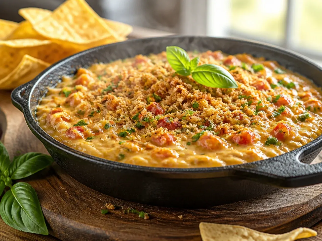Rotel dip garnished with red pepper and coriander for a festive party spread