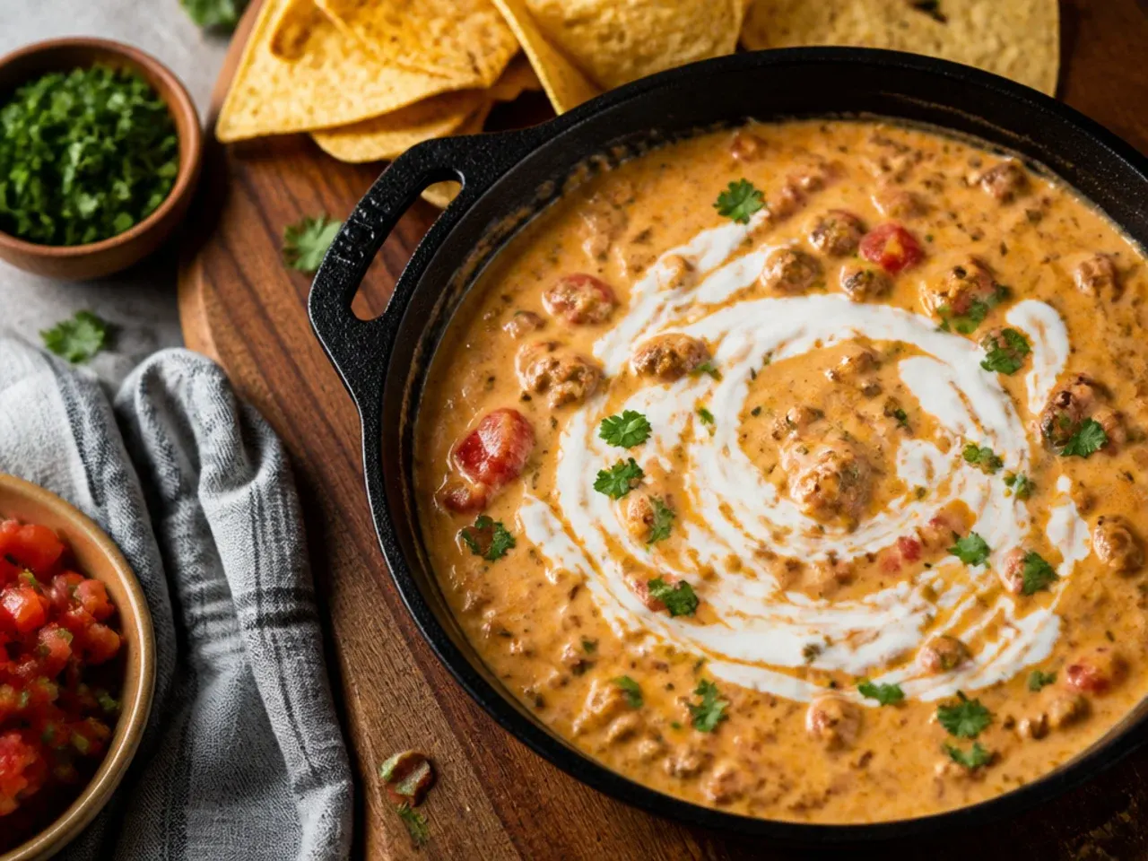 Microwave-safe bowl of rotel dip being stirred halfway through heating