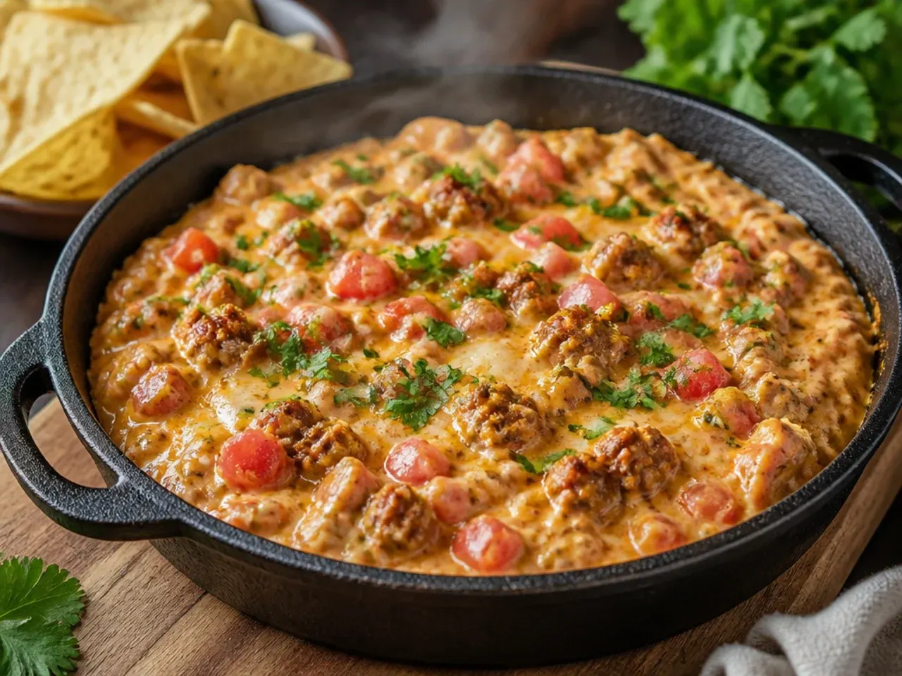 Crumbled chorizo rendering its smoky orange oil in a skillet before being mixed into rotel dip