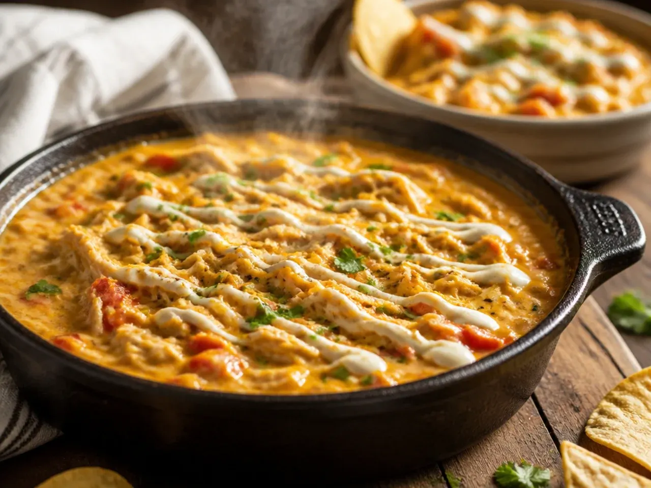 Shredded rotisserie chicken being folded into warm rotel dip