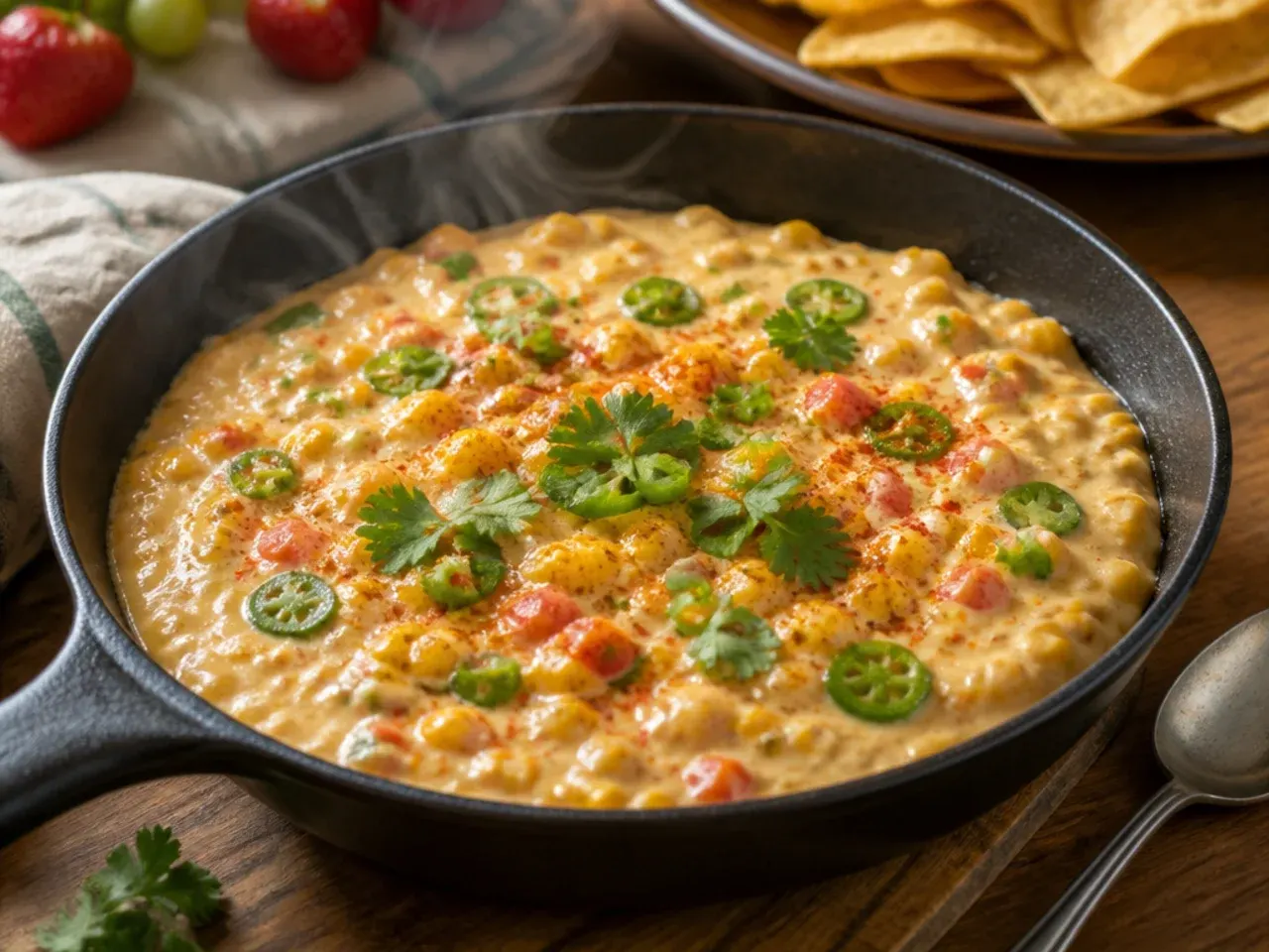 Creamy rotel dip flecked with sweetcorn and diced jalapeño
