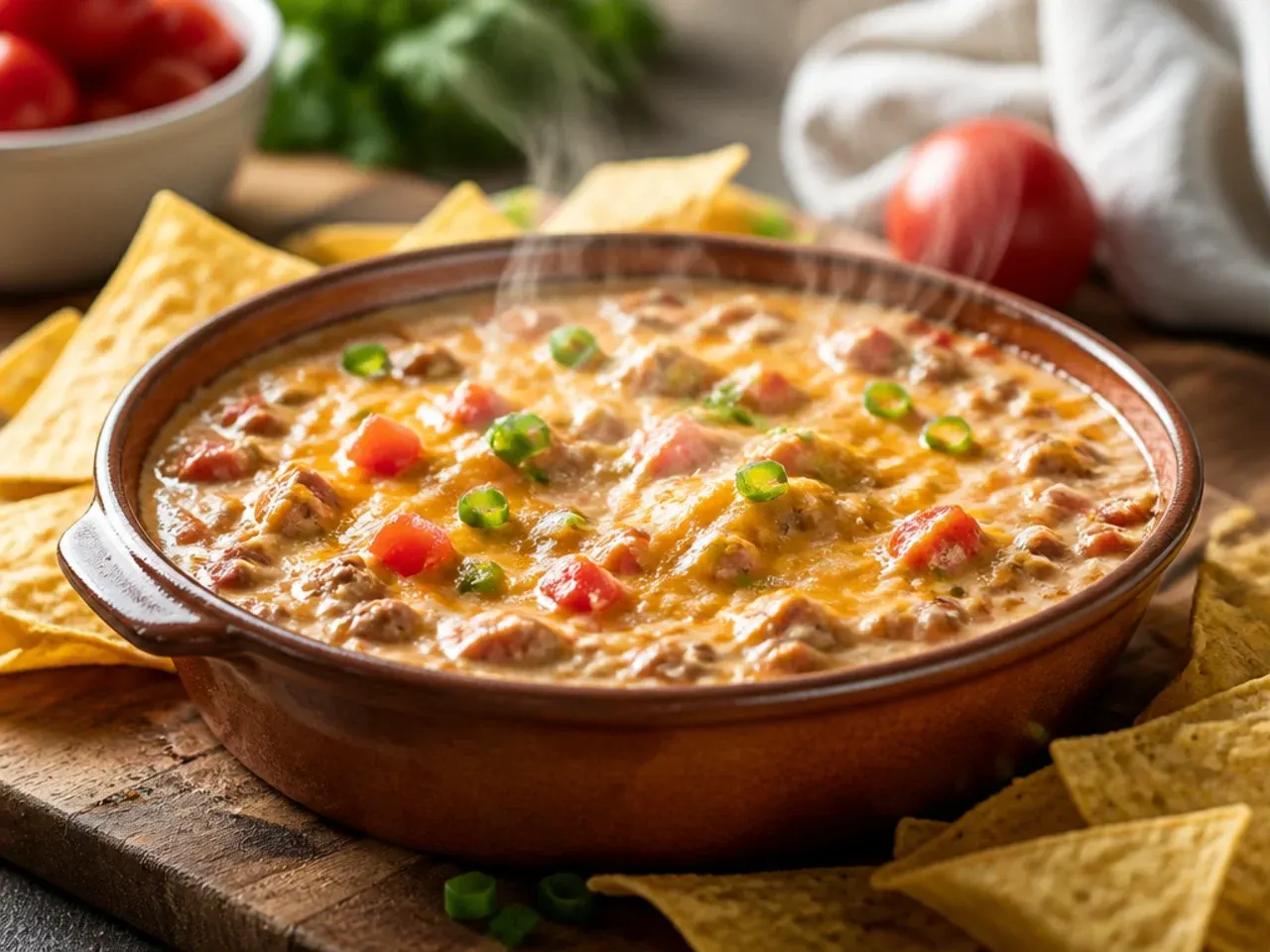 Bowl of rotel dip surrounded by tortilla chips, pretzel bites and vegetable sticks for dipping