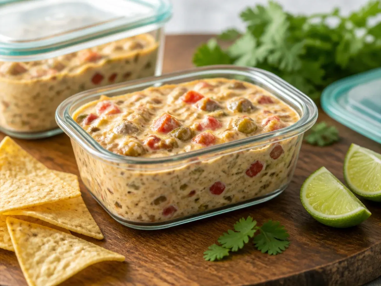 Airtight container of leftover rotel dip being reheated gently on the hob