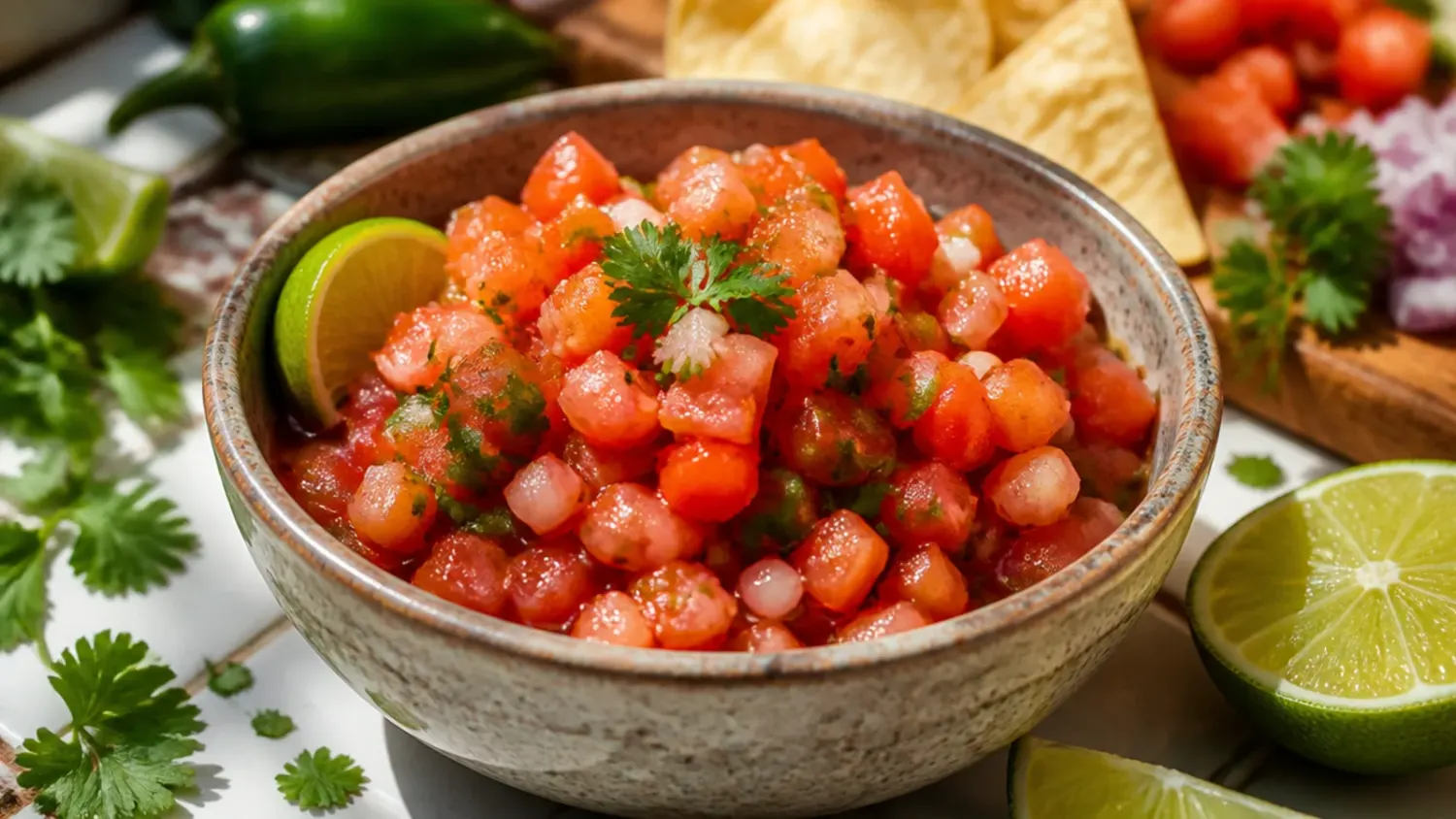 Overhead shot of a bowl of fresh chunky tomato salsa with tortilla chips, lime wedges and coriander on a wooden table