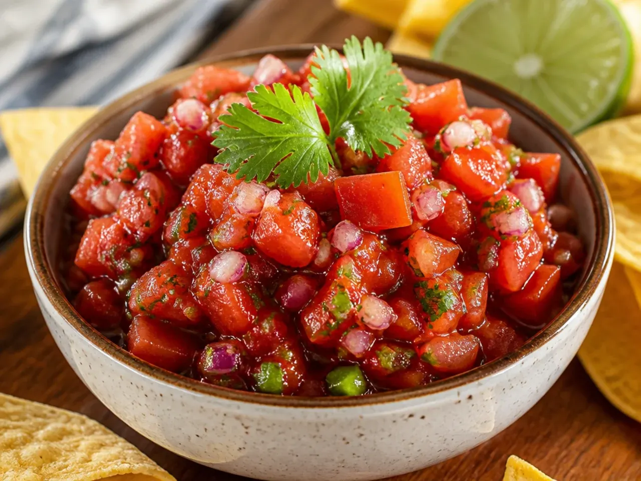 Several small bowls of different homemade salsa variations arranged on a table with tortilla chips