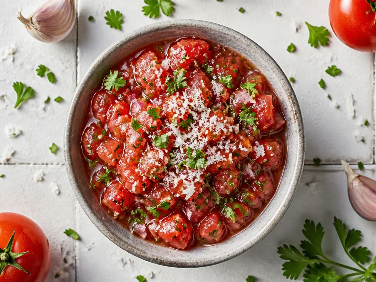 Bowl of classic chunky fresh tomato salsa with diced onion and coriander visible
