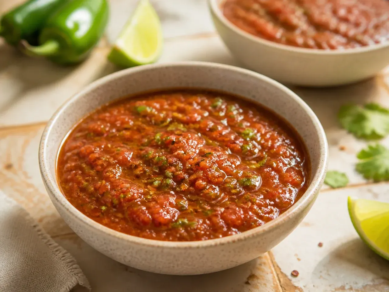 Blender jug filled with smooth fire-roasted tomato salsa next to a bag of tortilla chips