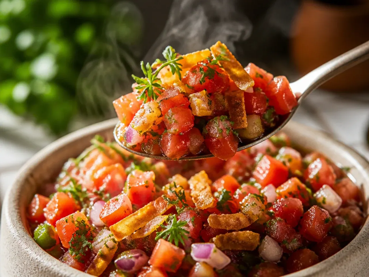 Close-up of finely diced pico de gallo salsa in a small white bowl