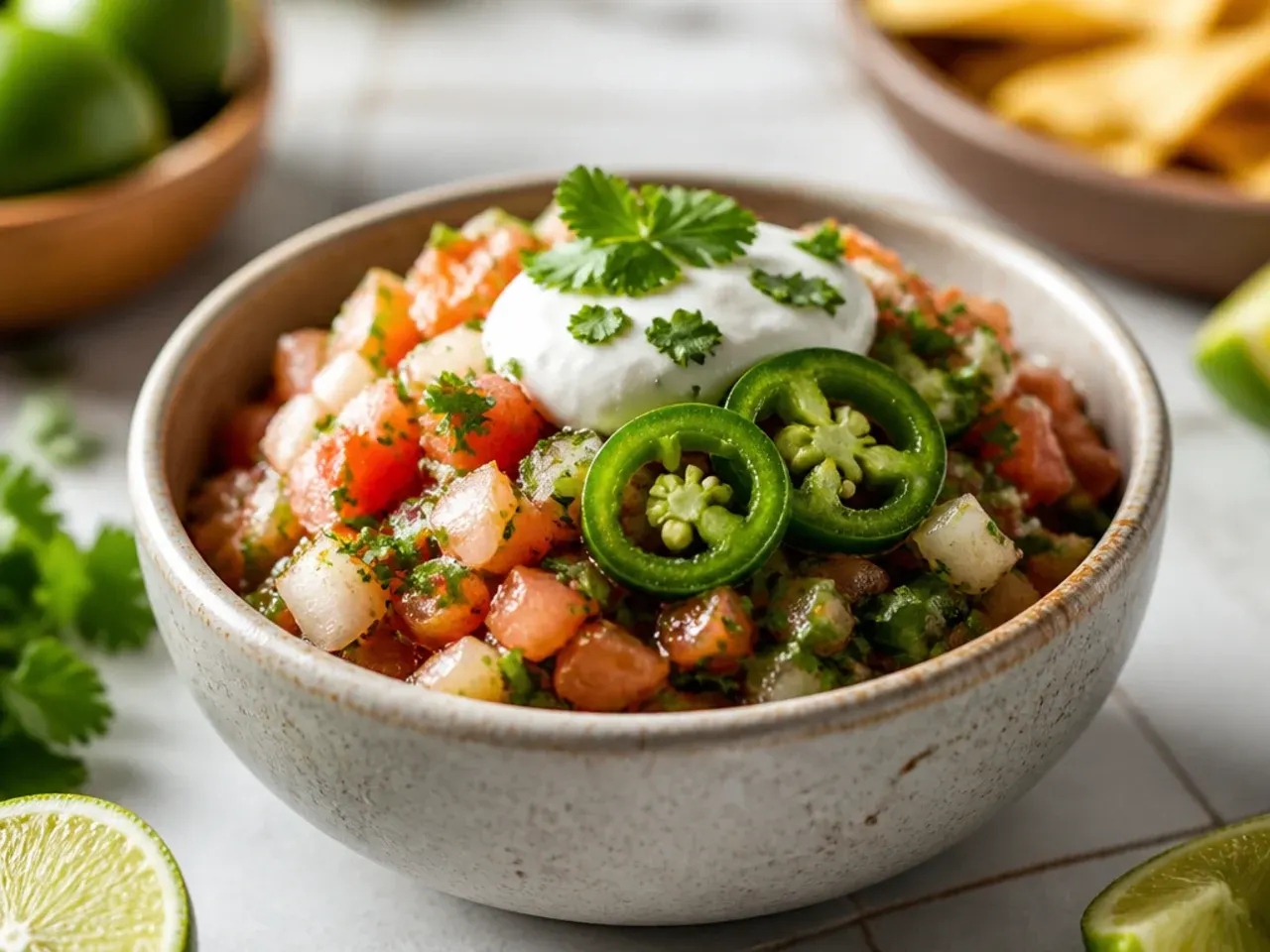 Sliced serrano chillies and lime wedges next to a bowl of bright red salsa
