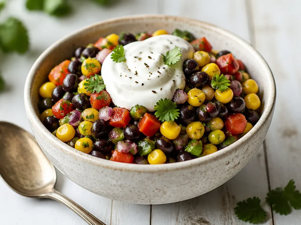 Colourful salsa loaded with black beans, sweetcorn and diced tomato in a glass bowl