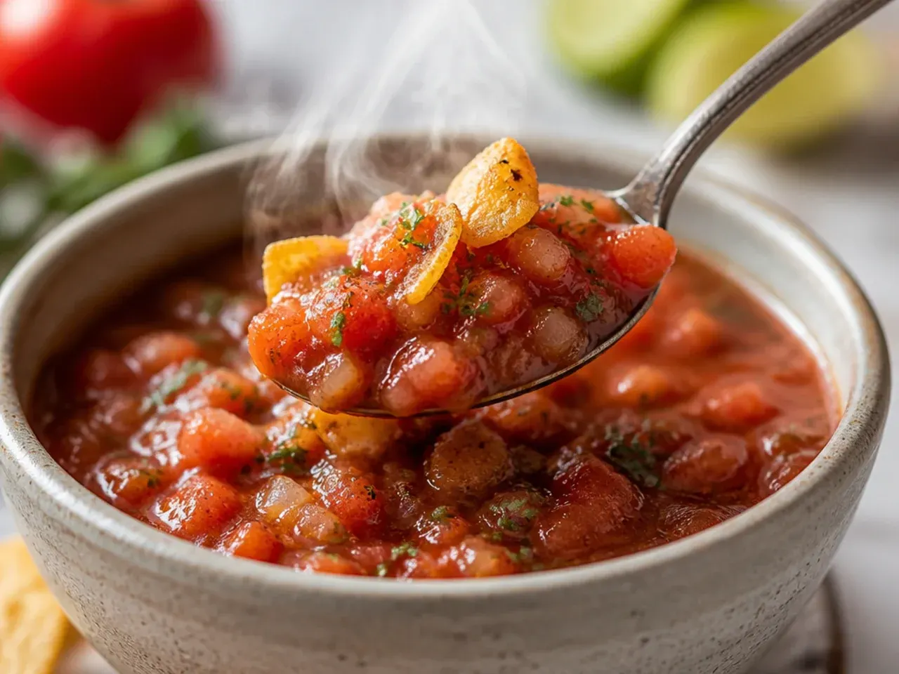 Wooden chopping board with hand-diced tomatoes, onion and chilli for rustic salsa