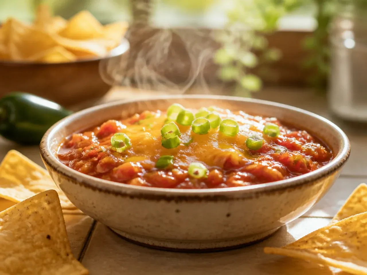 Two small bowls of salsa side by side, one mild and one topped with chilli flakes