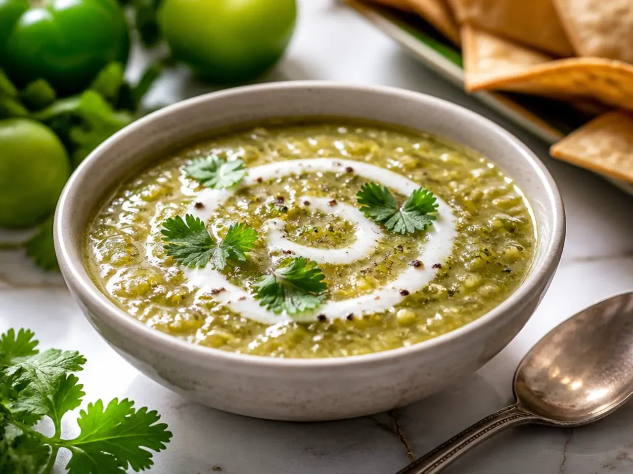 Bowl of bright green tomatillo salsa verde with a lime wedge on the side