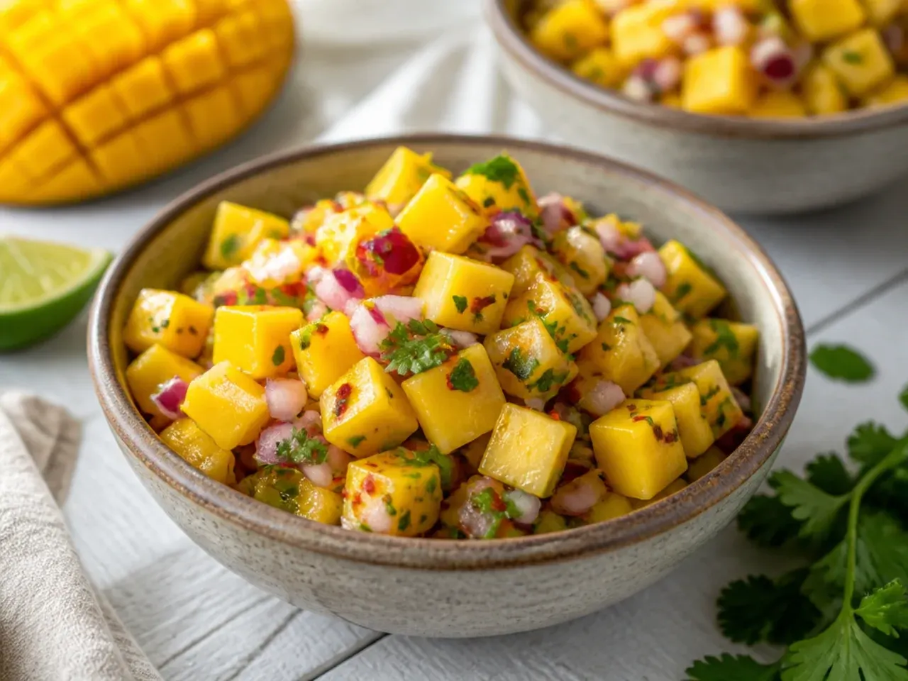 Bowl of colourful mango salsa with red onion, chilli and coriander