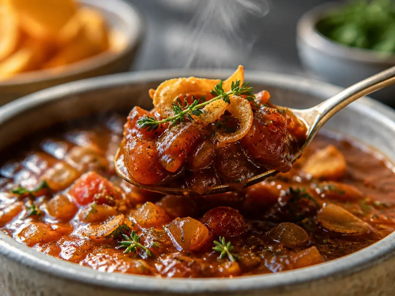 Saucepan of dark, slow-simmered tomato salsa cooking gently on the stove