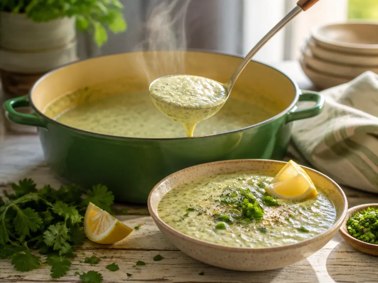 Pale green creamy salsa verde swirled with soured cream in a small bowl