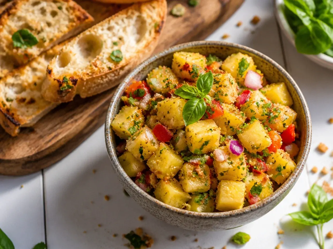 Bowl of golden pineapple habanero salsa with diced red pepper and coriander