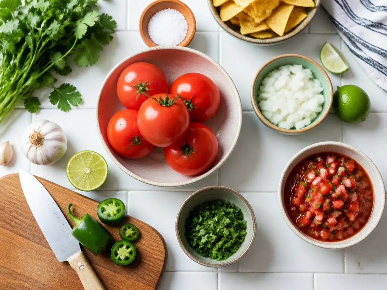 Close-up of a spoonful of thick, well-balanced salsa being lifted from the bowl