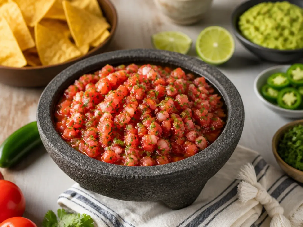 Table spread with grilled chicken, tacos and several bowls of salsa for serving