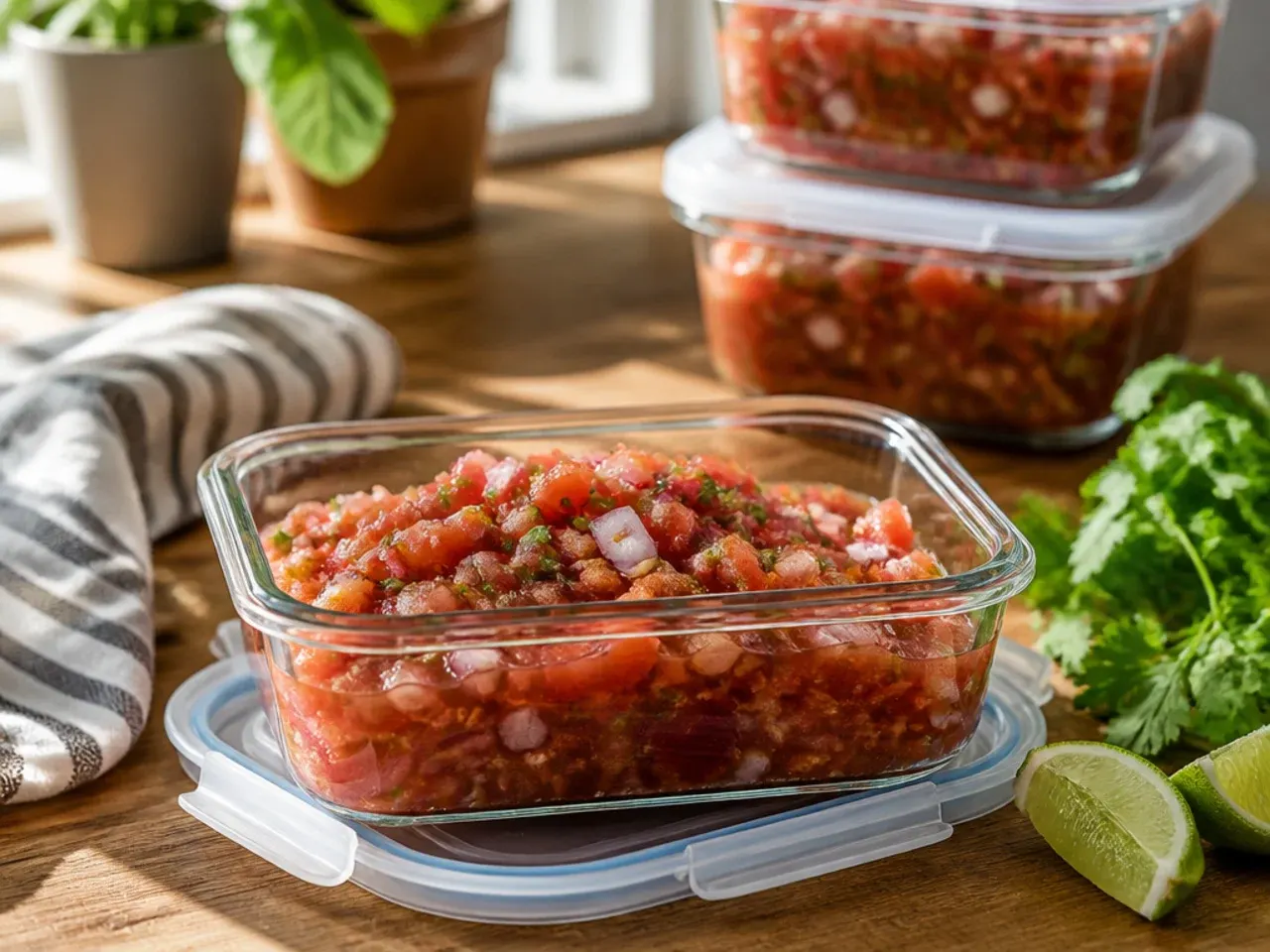 Airtight glass container of salsa being sealed for the fridge with a label showing the date