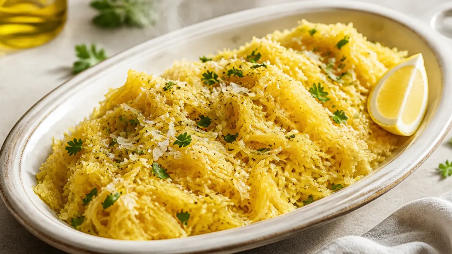 Halved roasted spaghetti squash shredded into golden strands, topped with garlic butter and grated parmesan on a white plate