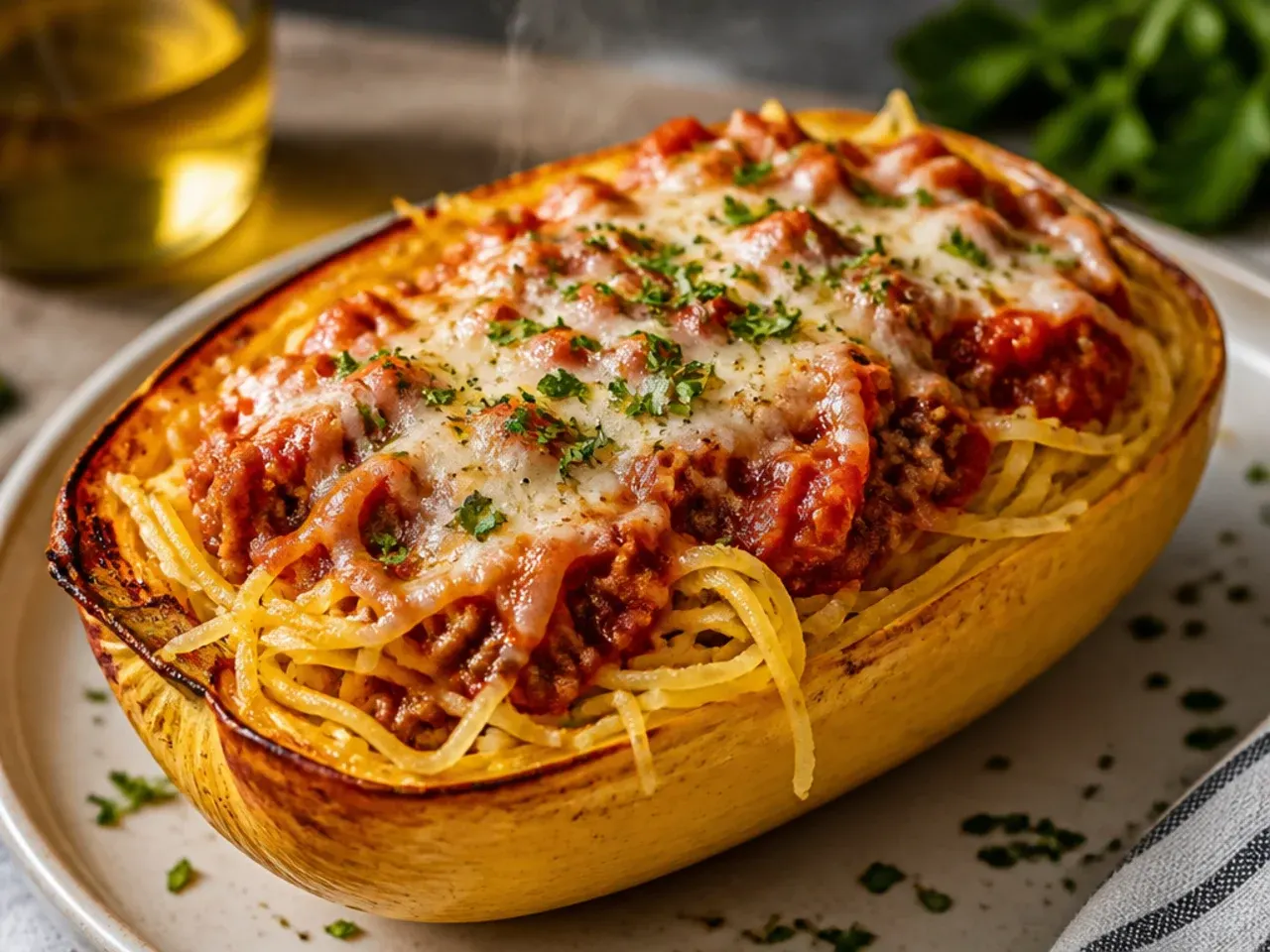 Whole and halved spaghetti squash on a wooden board with olive oil, garlic and parmesan nearby