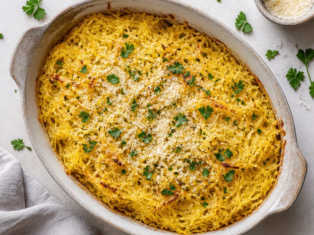 Roasted spaghetti squash halves tossed with melted garlic butter and parmesan
