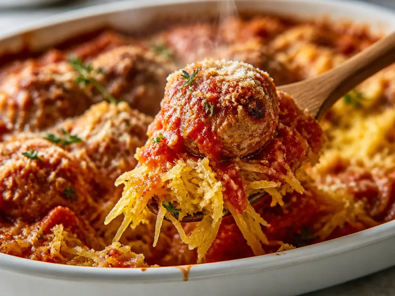 Spaghetti squash strands topped with turkey meatballs in marinara sauce and parmesan