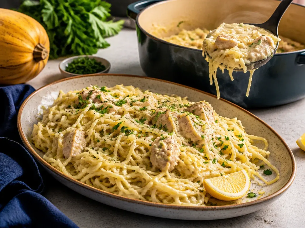 Creamy chicken alfredo spaghetti squash in a white bowl with fresh parsley