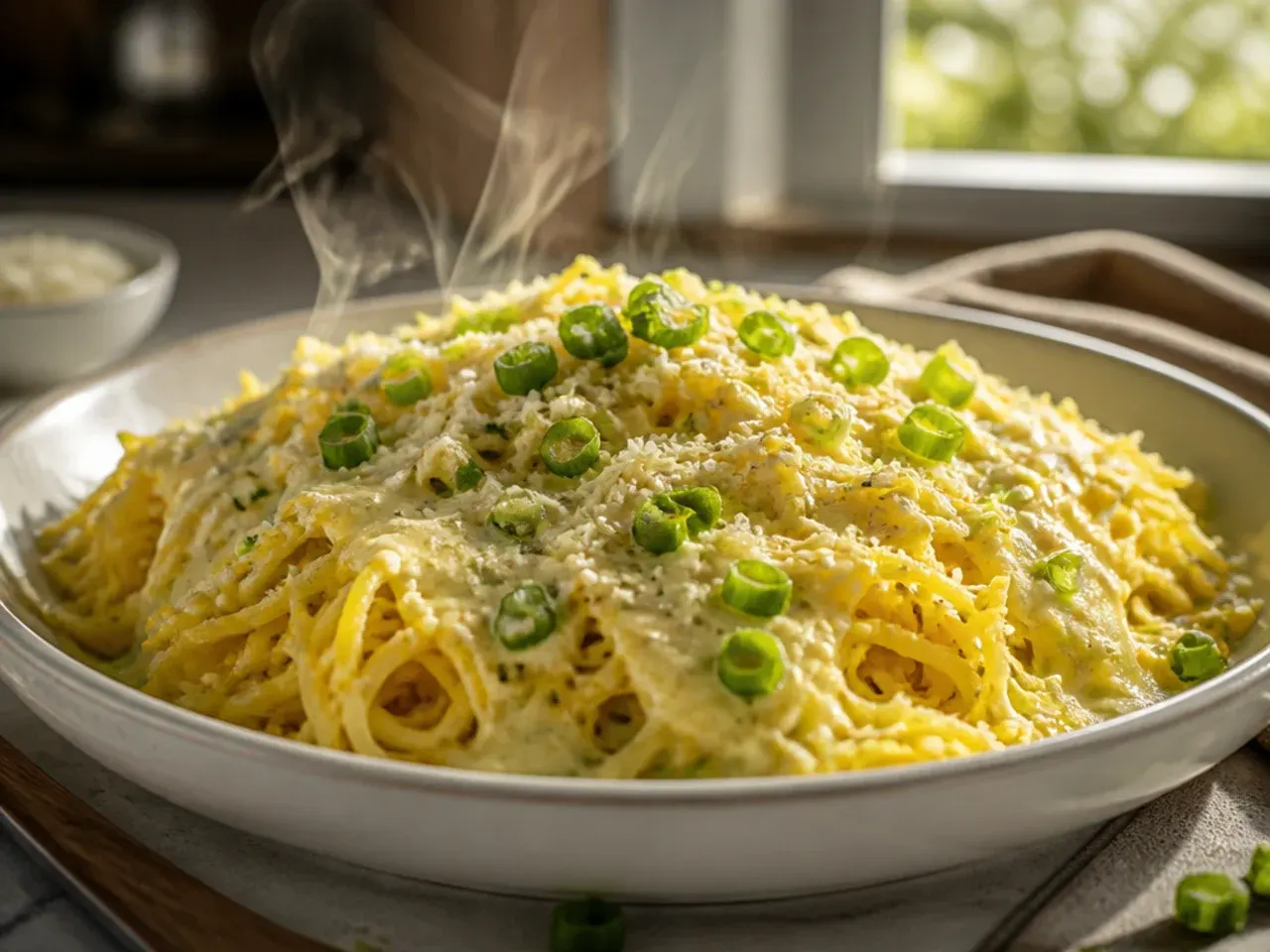 Spaghetti squash strands coated in a silky creamy garlic parmesan sauce