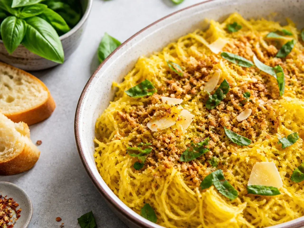 Microwaved spaghetti squash half being shredded into strands with a fork