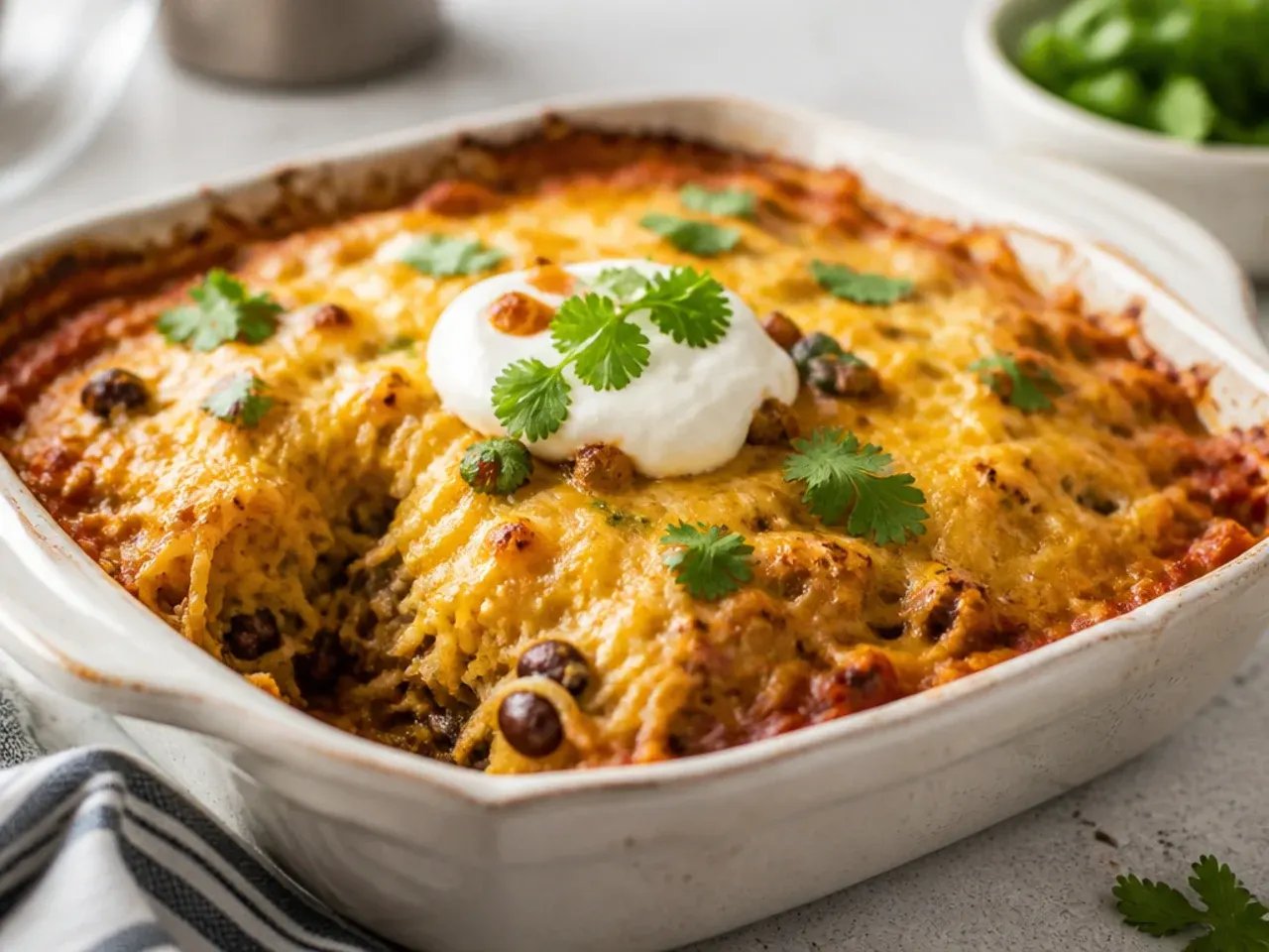Golden bubbling cheesy spaghetti squash casserole in a baking dish