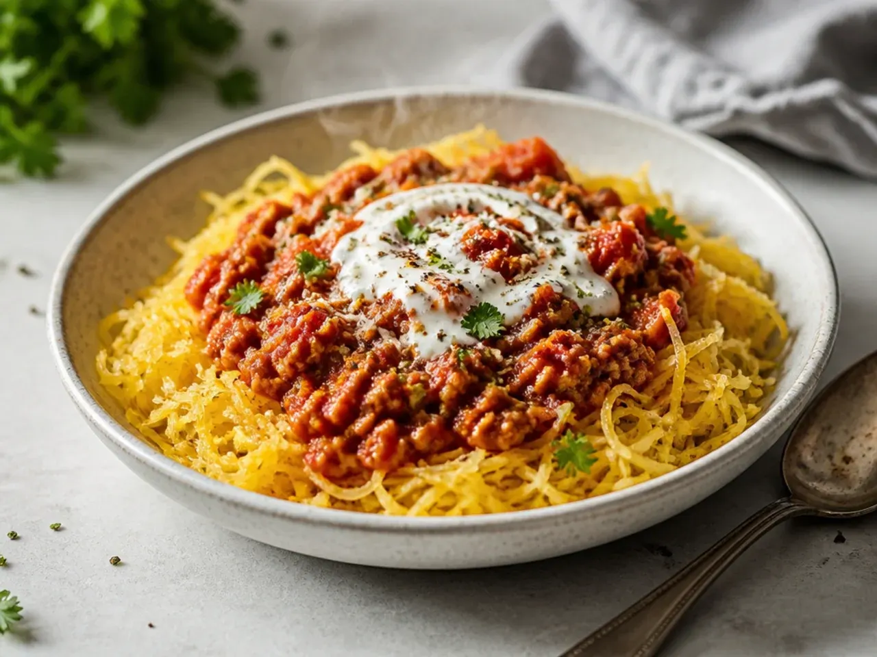 Rich beef bolognese sauce ladled over golden spaghetti squash strands