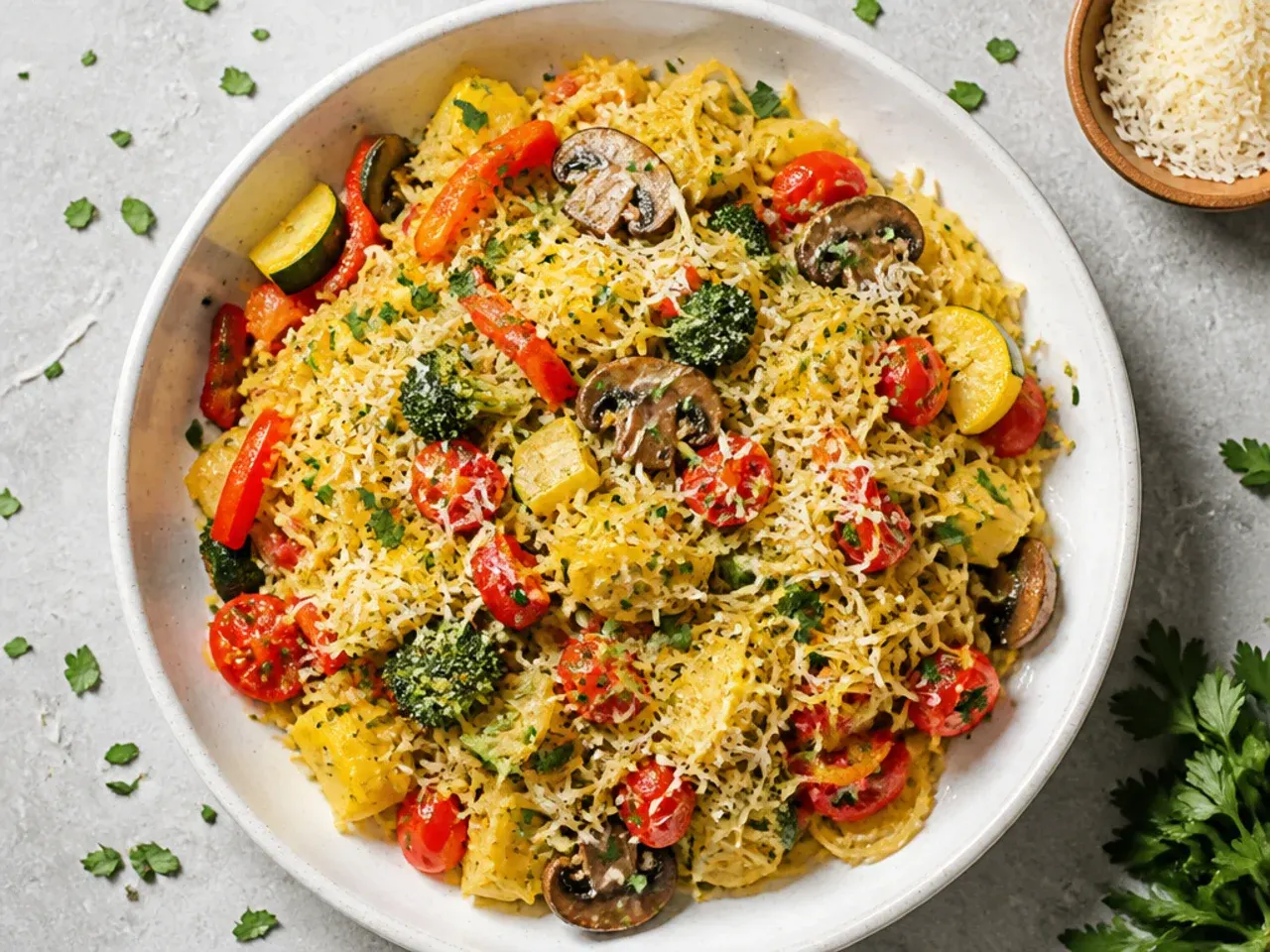 Colourful vegetable primavera tossed through spaghetti squash strands