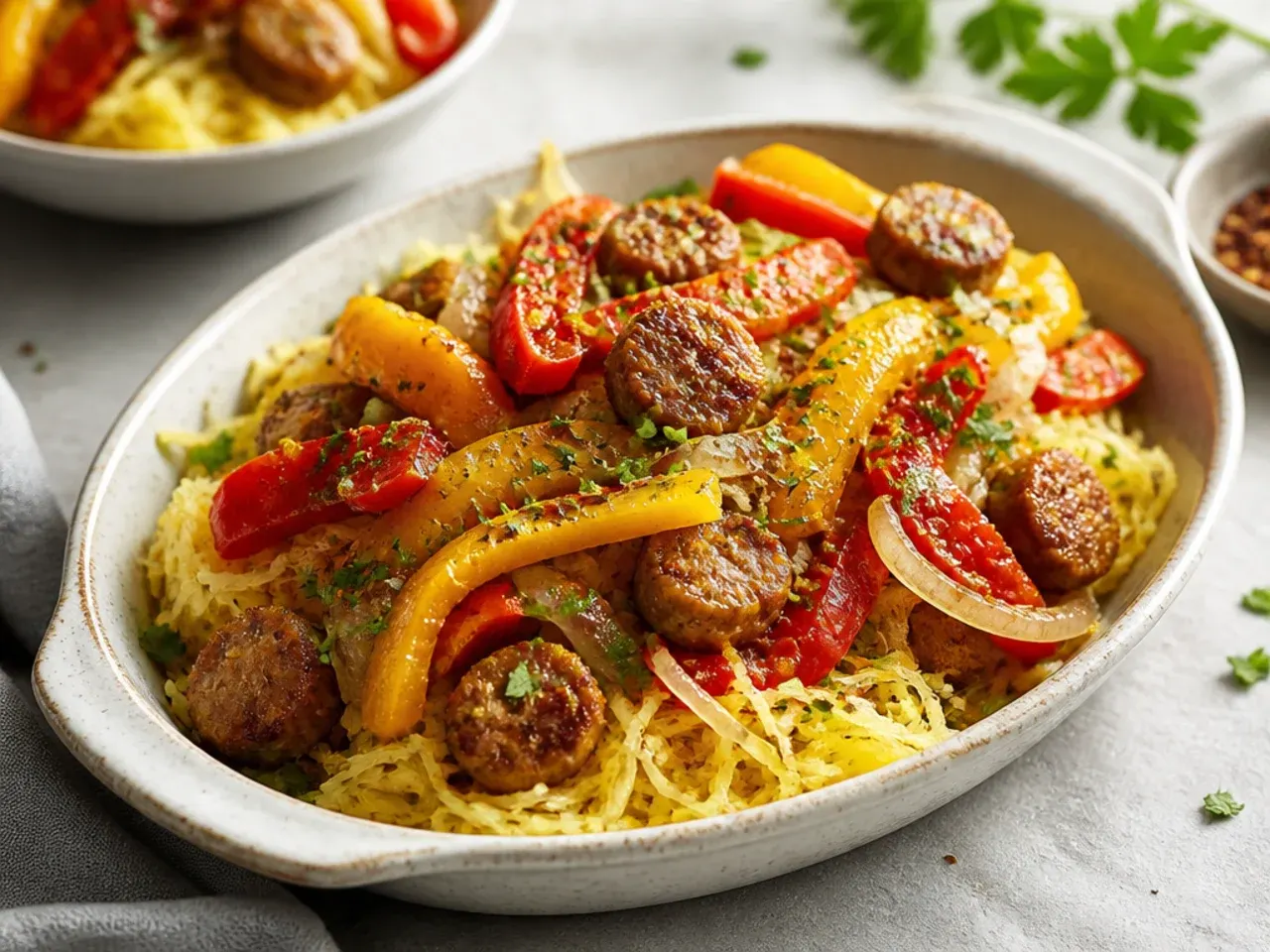 Sliced sausage and caramelised peppers tossed with spaghetti squash strands