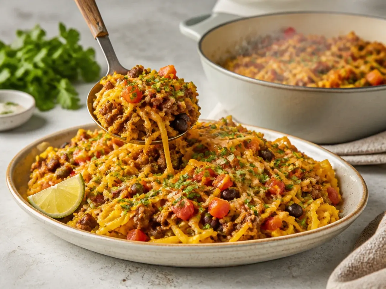 Taco-seasoned spaghetti squash bowl loaded with beef, cheese and avocado