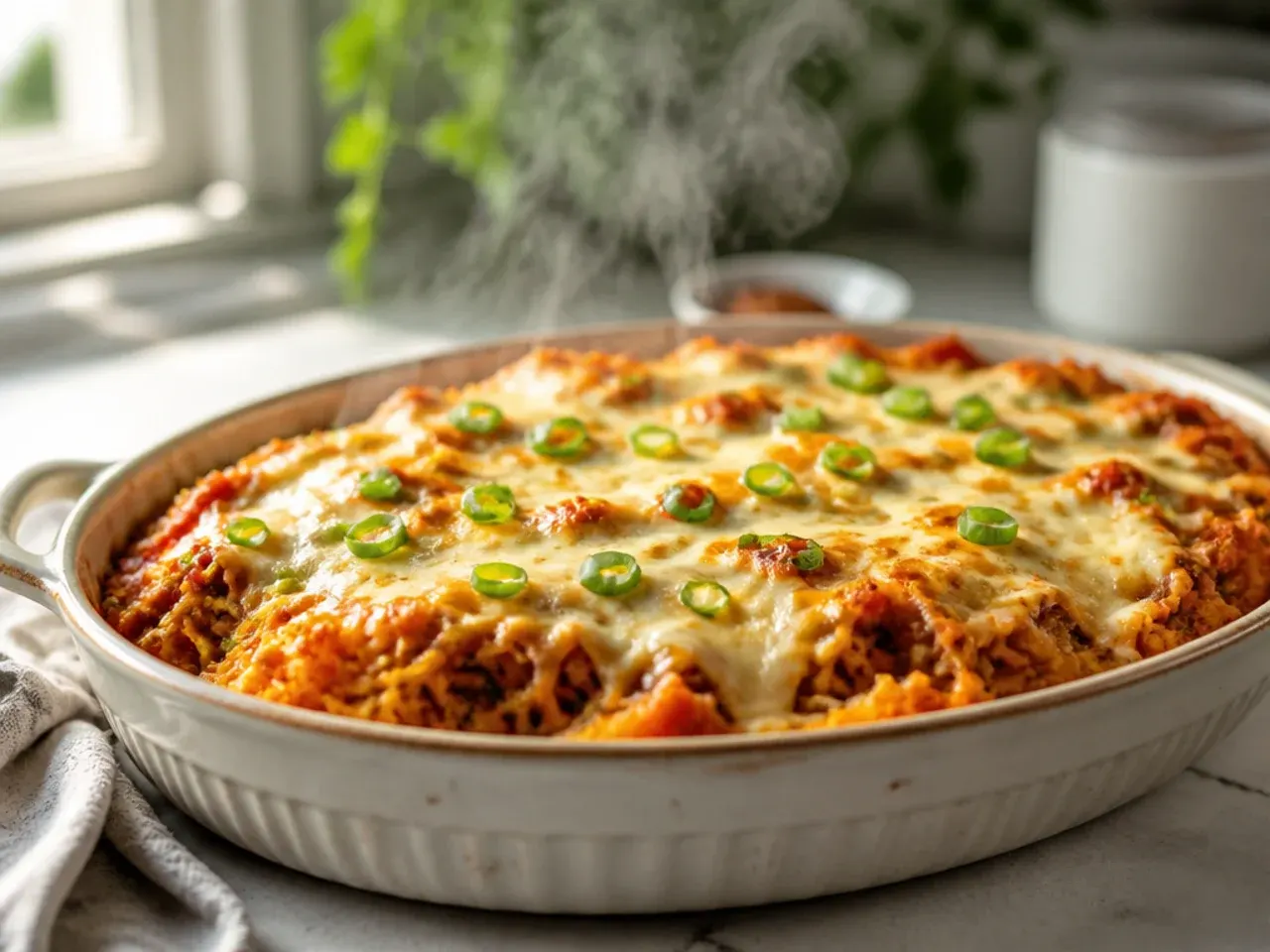 Layered spaghetti squash lasagne bake with melted mozzarella on top