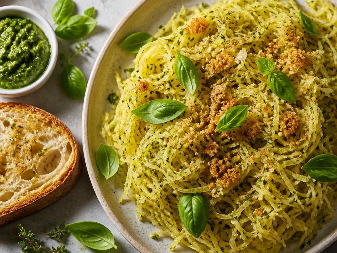 Basil pesto spaghetti squash topped with toasted pine nuts and cherry tomatoes