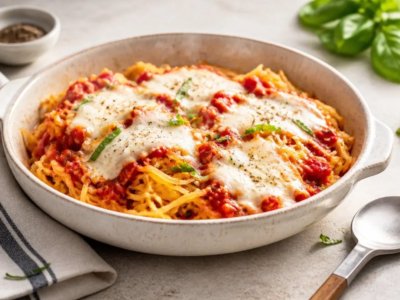 Spaghetti squash topped with marinara sauce and bubbling torn mozzarella