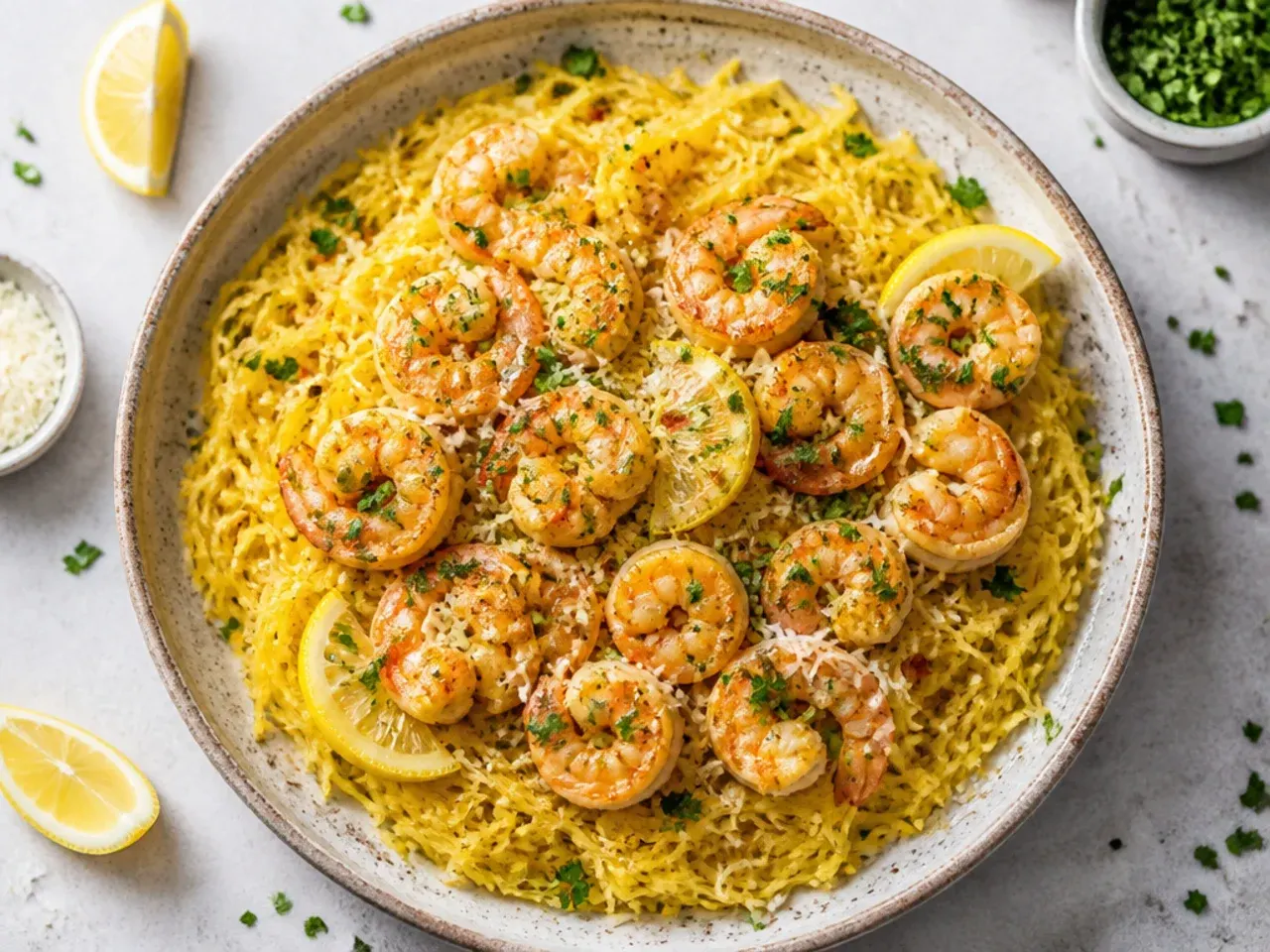 Lemon garlic prawns tossed through spaghetti squash strands with parsley