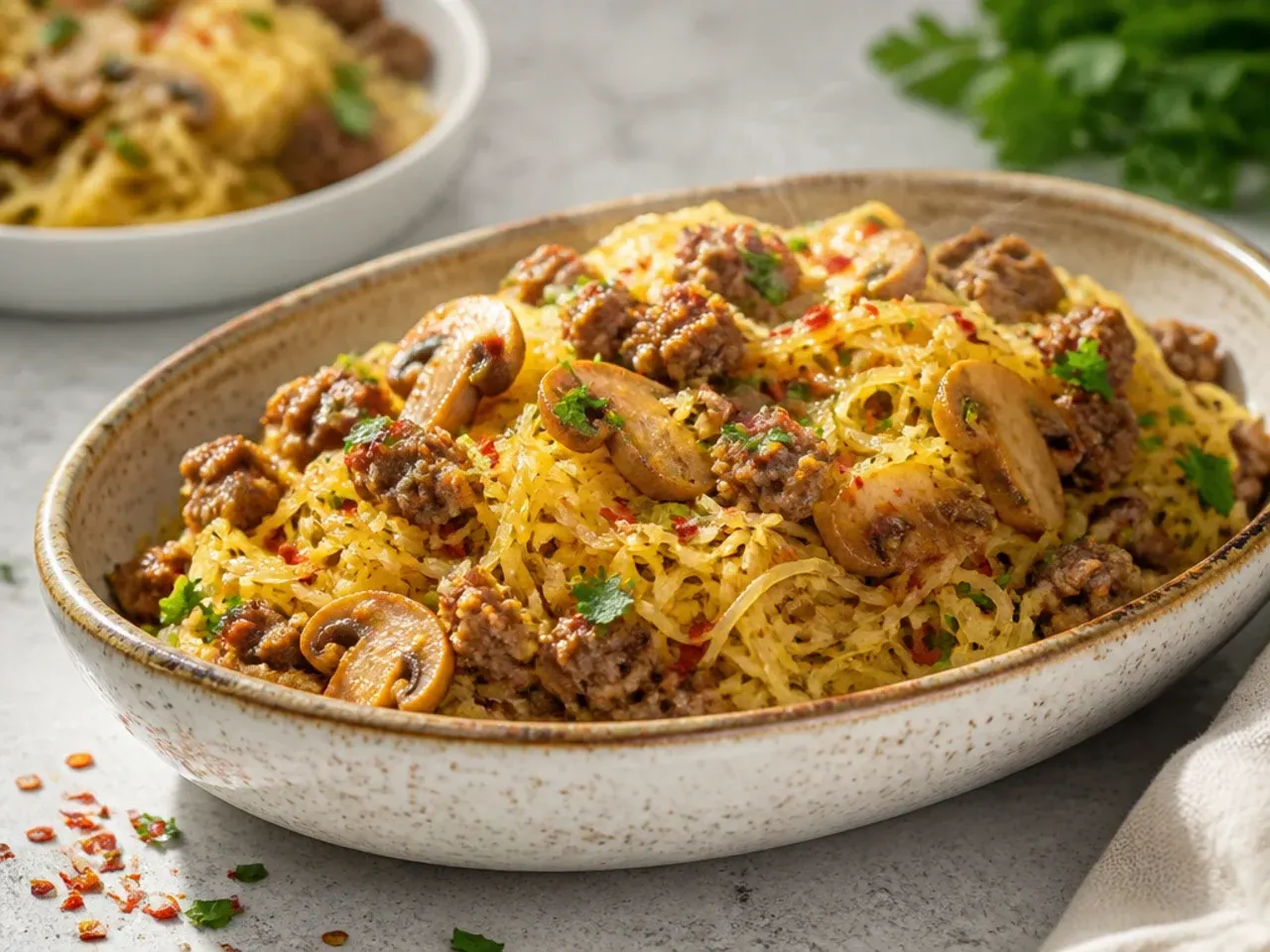 Creamy beef and mushroom stroganoff sauce served over spaghetti squash